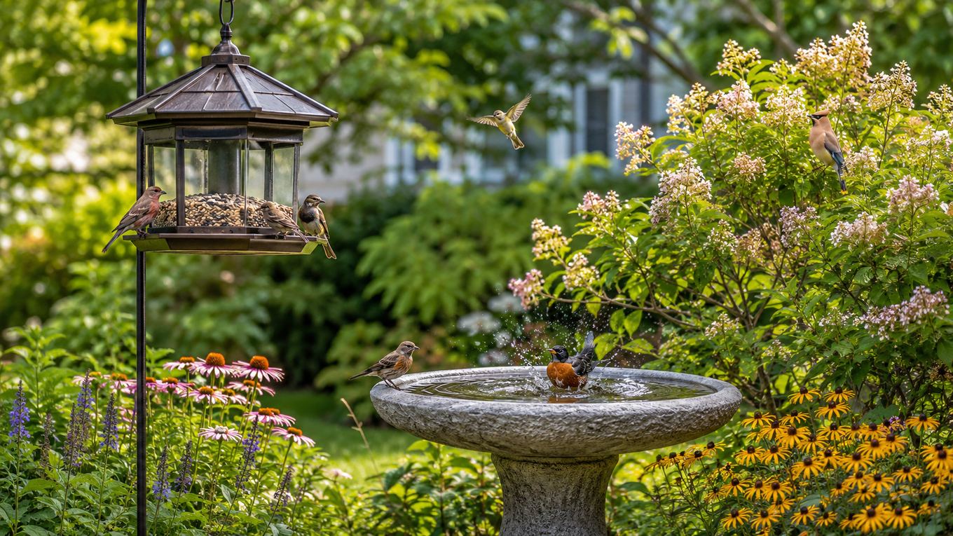 A backyard with a bird feeder, a bird bath, and native shrubs all visible together