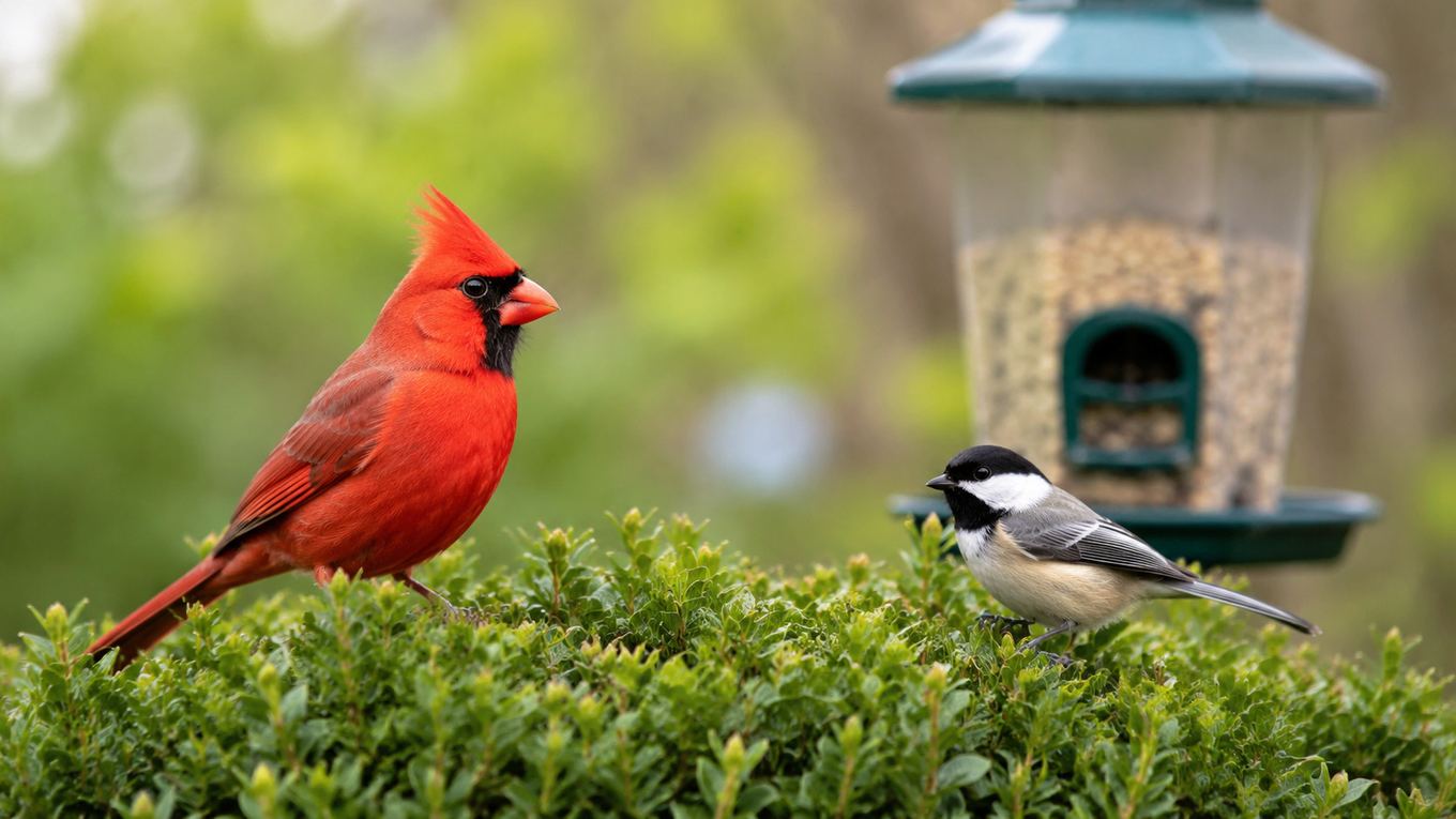 A cardinal and a chickadee near a shrub with a bird feeder in the background