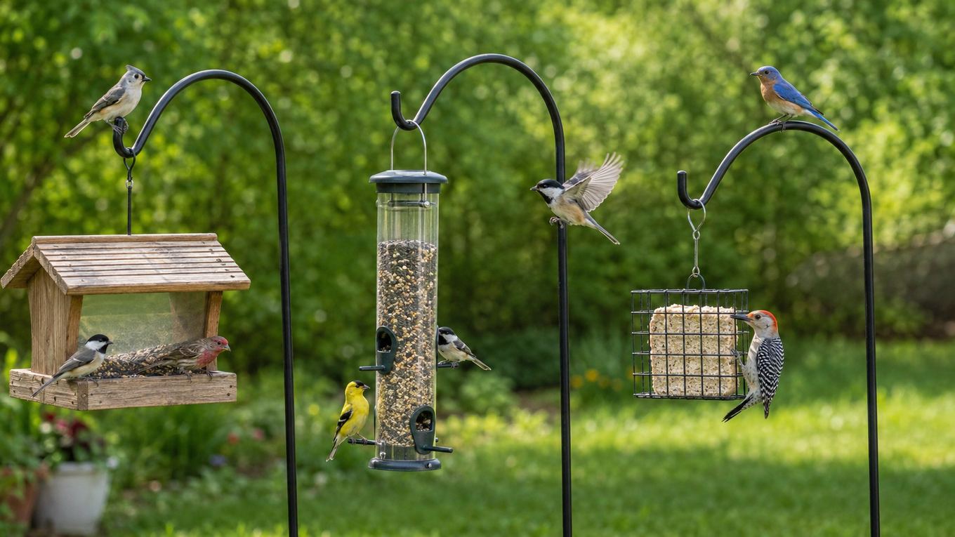 A garden bed of native coneflowers and black-eyed Susans with a goldfinch feeding on seed heads