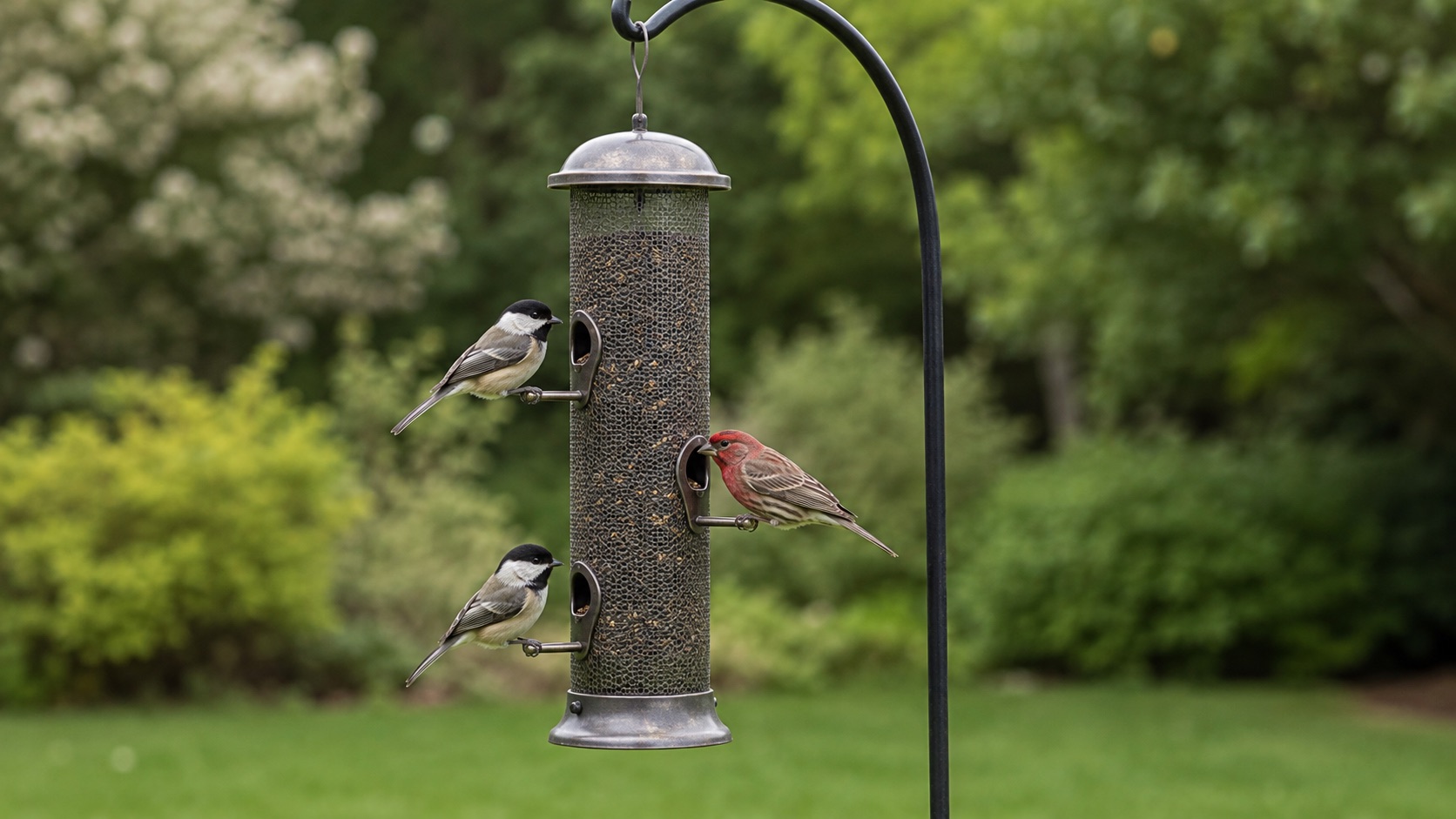 A tube bird feeder on a shepherd's hook with chickadees and a House Finch feeding in a tidy backyard