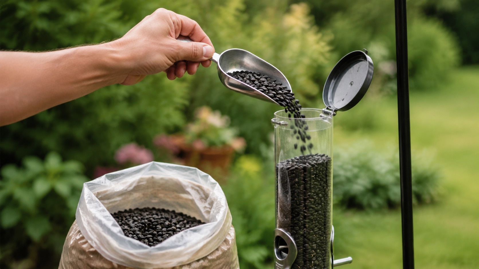 A hand filling a tube feeder with black oil sunflower seeds in a backyard