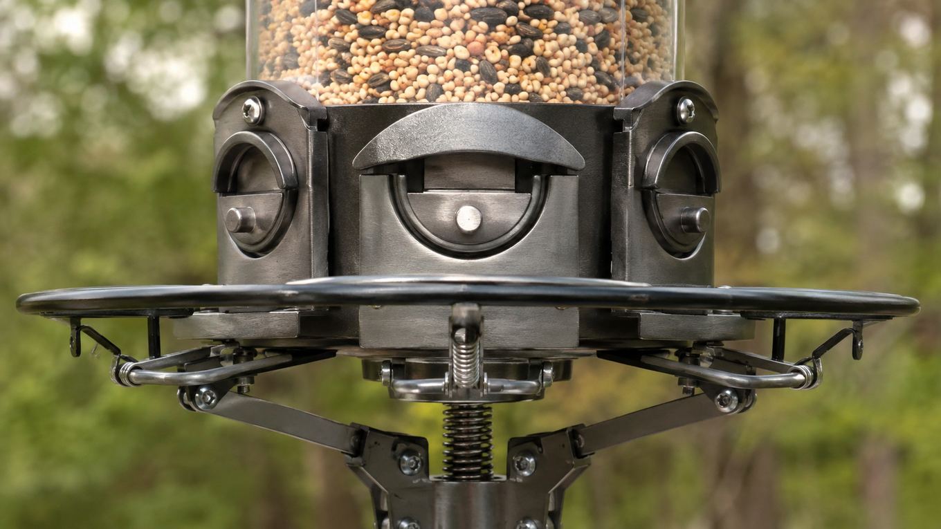 Close-up of a weight-activated bird feeder mechanism