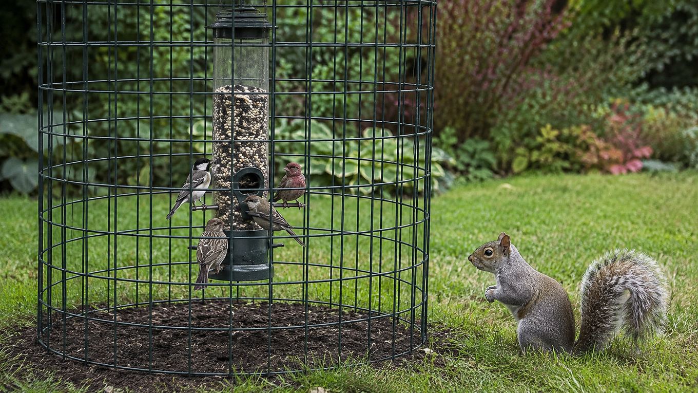 Small birds feeding through a cage-enclosed feeder while a squirrel waits nearby