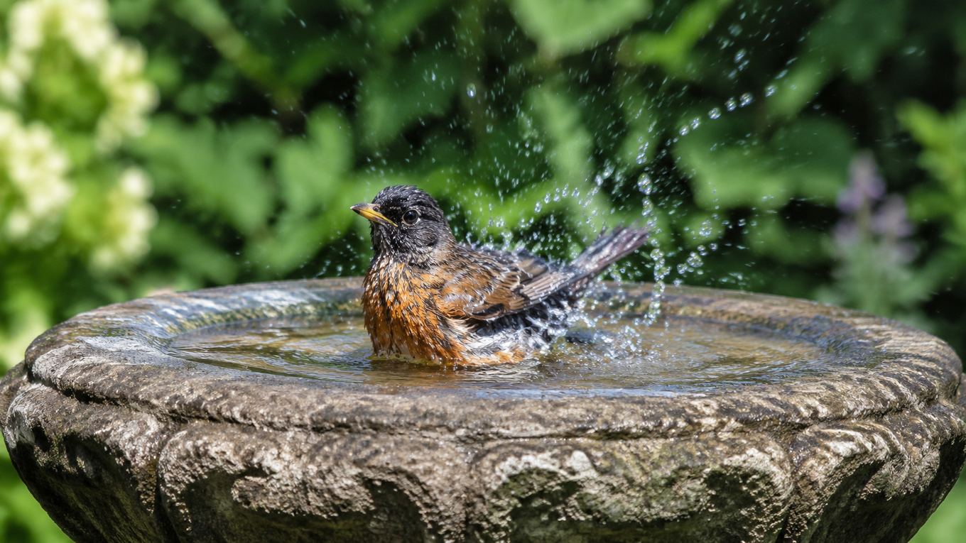 A songbird bathing in a shallow stone bird bath in a backyard garden