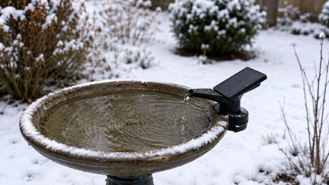 A small solar-powered dripper fountain attached to a bird bath in winter