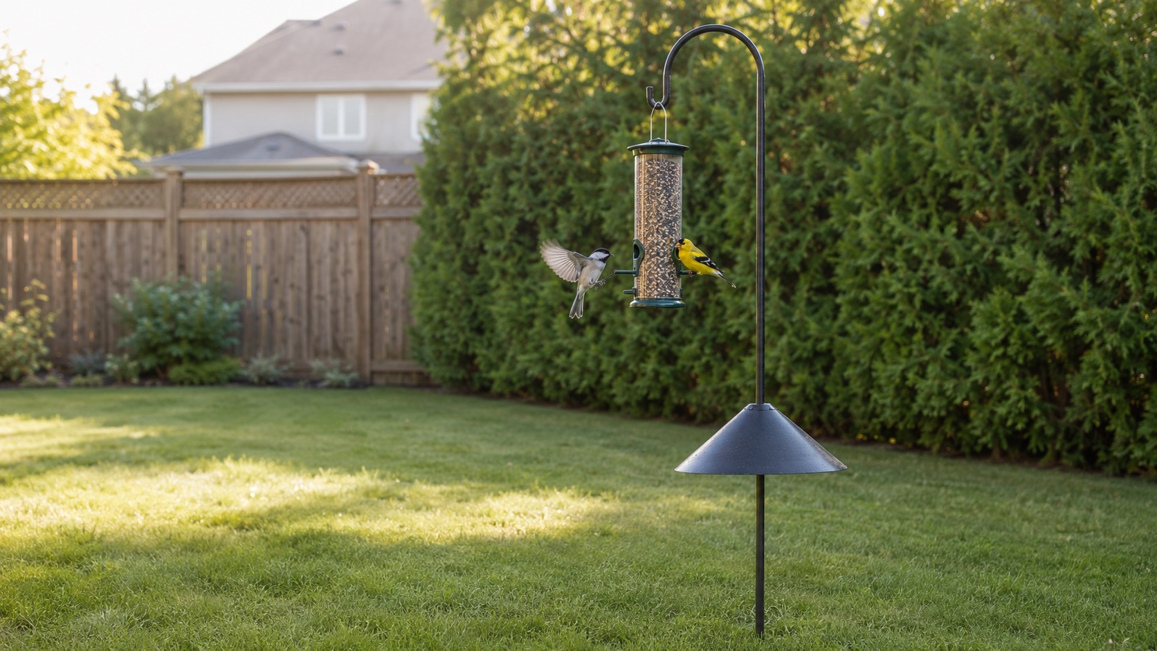 A bird feeding station on a shepherd's hook pole with a squirrel baffle, positioned near a green hedge with a chickadee mid-flight and a goldfinch perched at the feeder