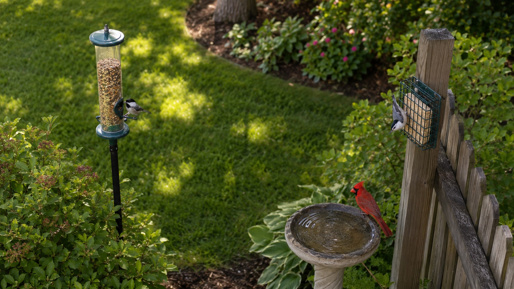 Aerial view of a suburban backyard with two bird feeders spaced apart — a tube feeder near a shrub and a suet cage on a fence post — with songbirds at each and a birdbath nearby