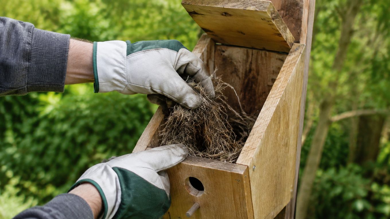 A person's hands removing old nesting material from an open wooden nest box