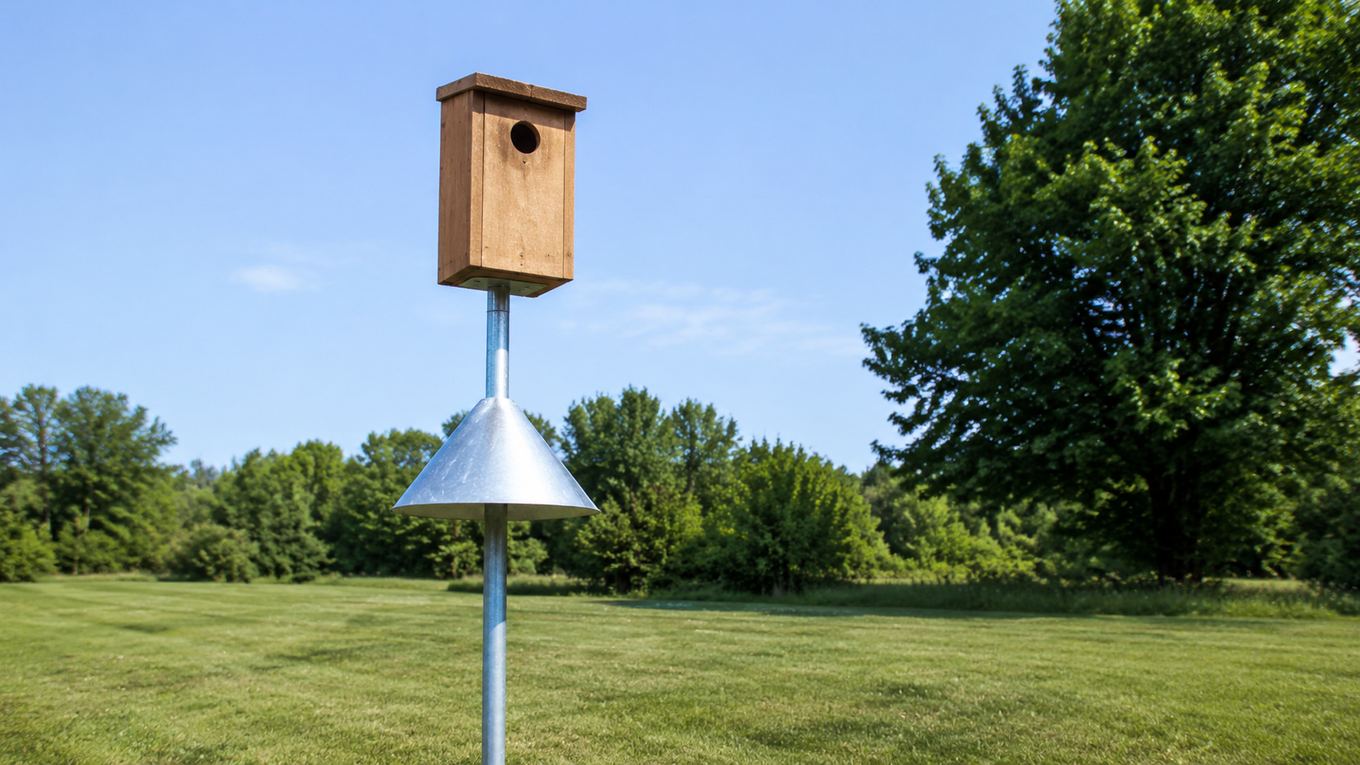 A nest box mounted on a metal pole with a cone-shaped predator baffle