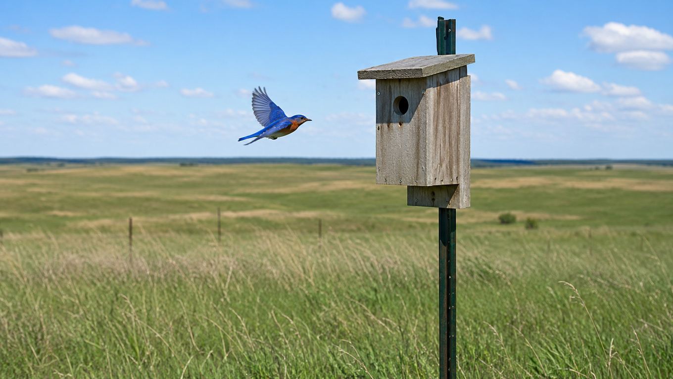 A bluebird approaching a nest box mounted in an open field away from trees