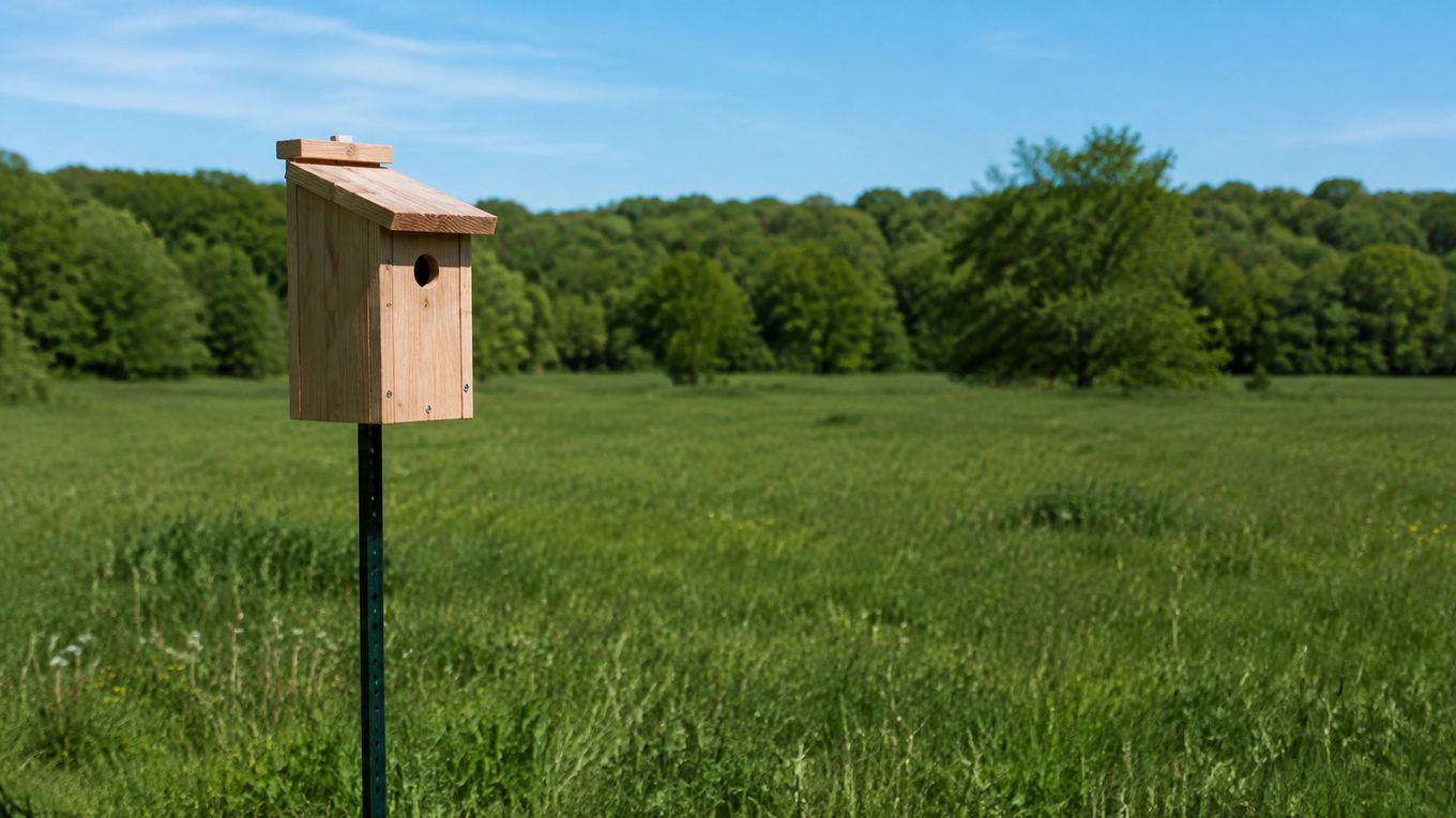 A wooden bluebird nest box mounted on a pole in an open field