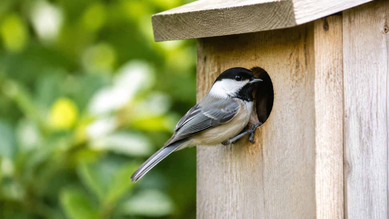 A chickadee perched at the entrance hole of a wooden nest box