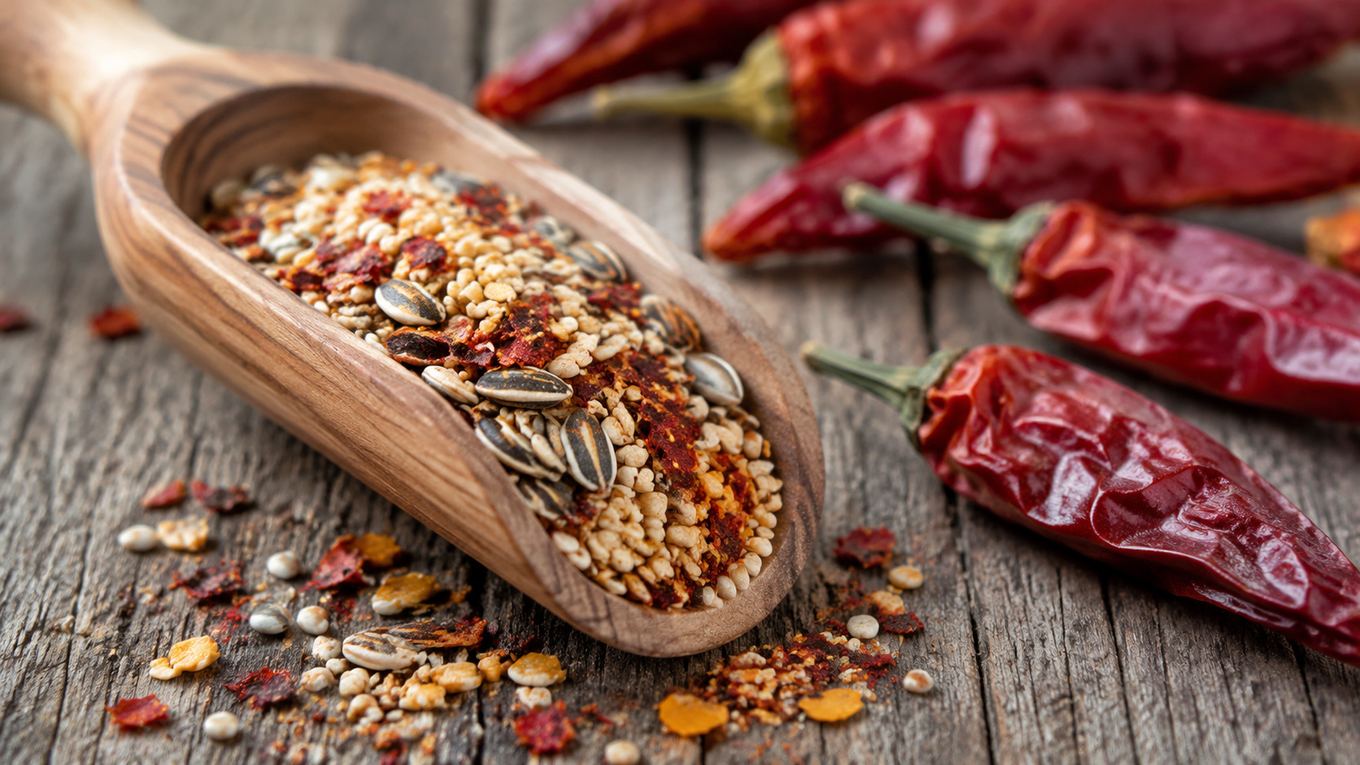 Birdseed mixed with dried chili flakes and whole cayenne peppers