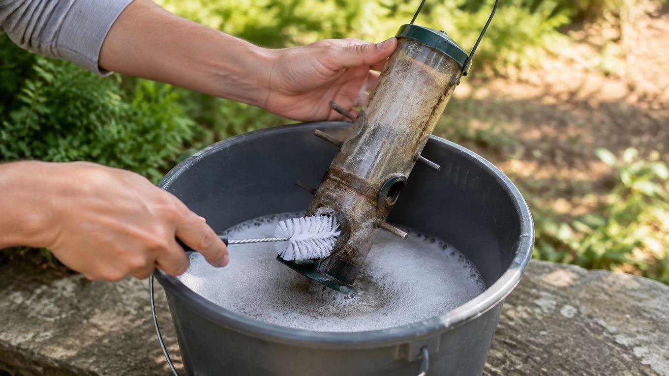 Hands scrubbing a bird feeder with a bottle brush in soapy water