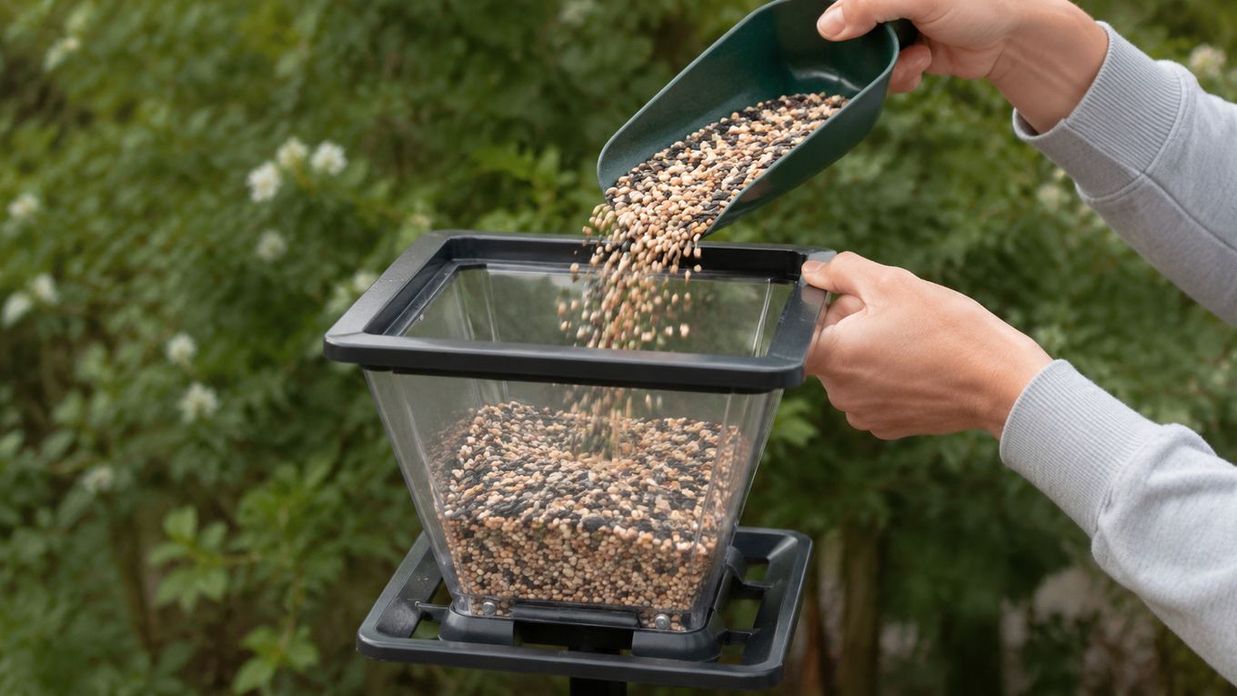 Pouring birdseed from a scoop into a freshly cleaned hopper feeder