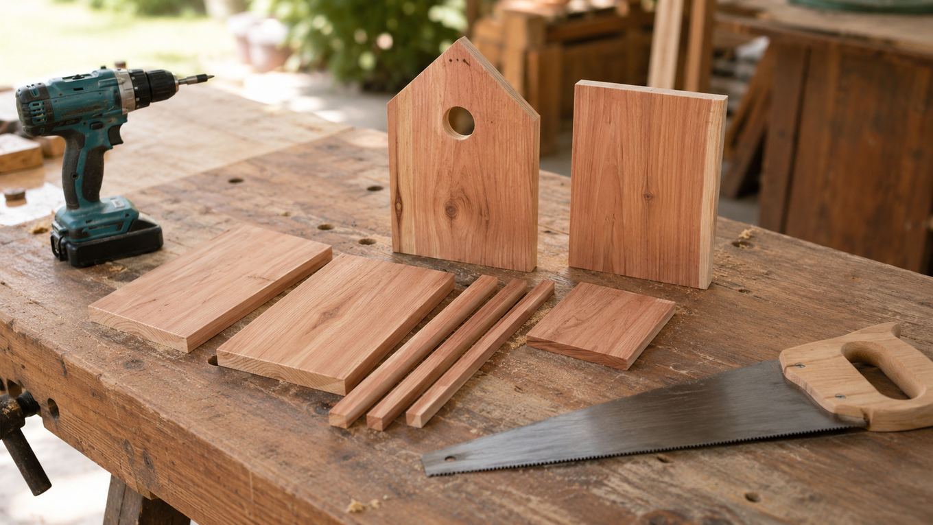 Cut cedar boards laid out for a DIY birdhouse build, with a saw and drill nearby