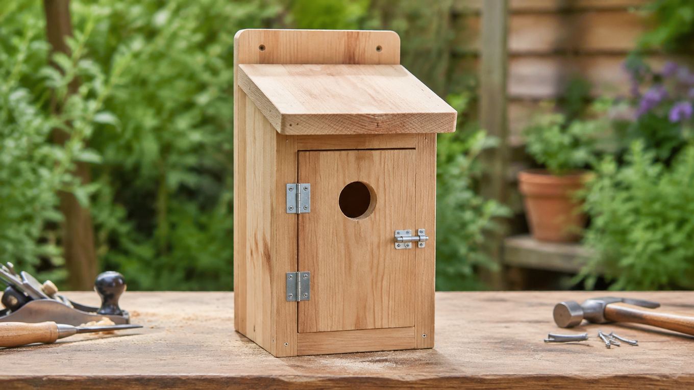 A finished DIY wooden nest box with a hinged front panel, ready to mount