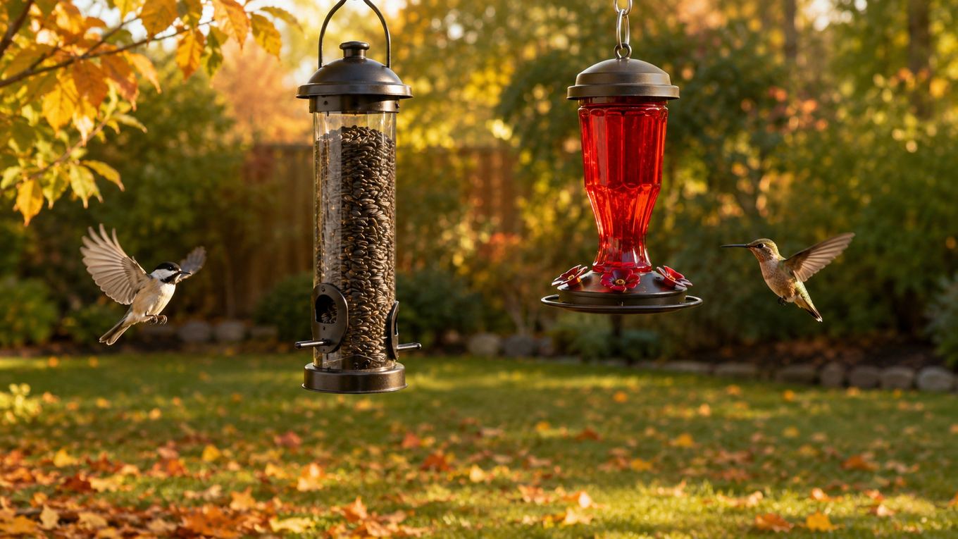A backyard feeder station in early autumn with sunflower and nectar feeders