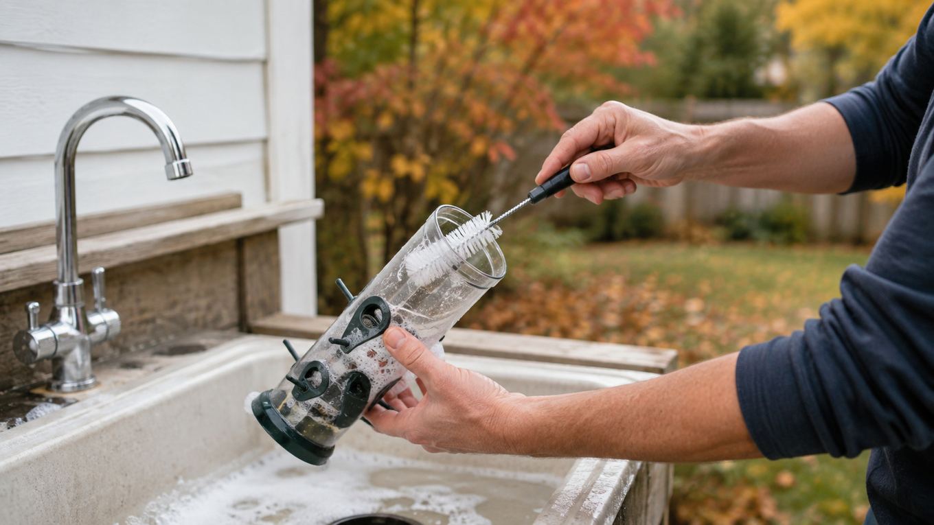 Hands cleaning a tube bird feeder with a long-handled brush outdoors