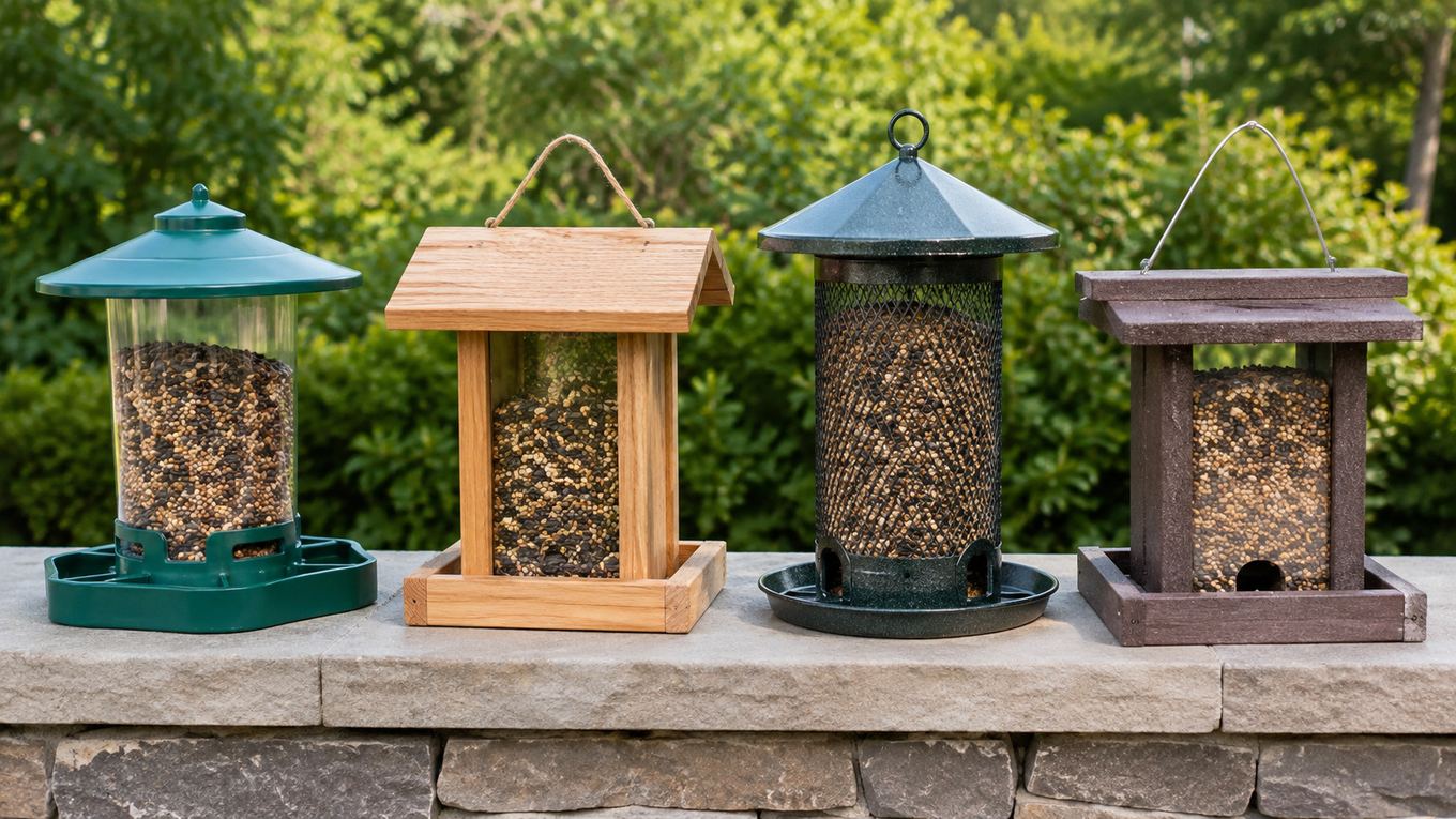 Four bird feeders made of plastic, wood, metal, and recycled poly lumber side by side