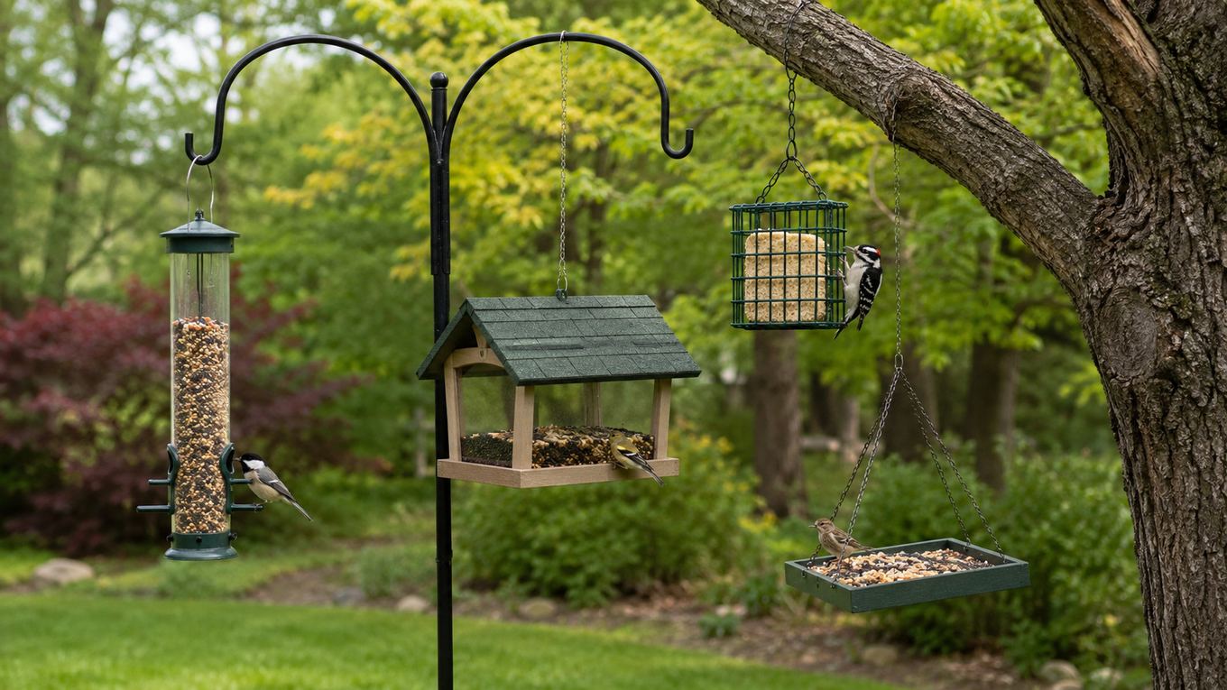 Several different bird feeder types hanging in a backyard