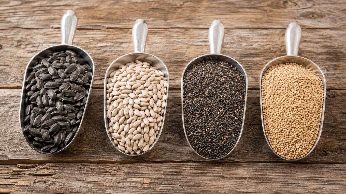A scoop of black oil sunflower seed next to bags of safflower, nyjer, and millet