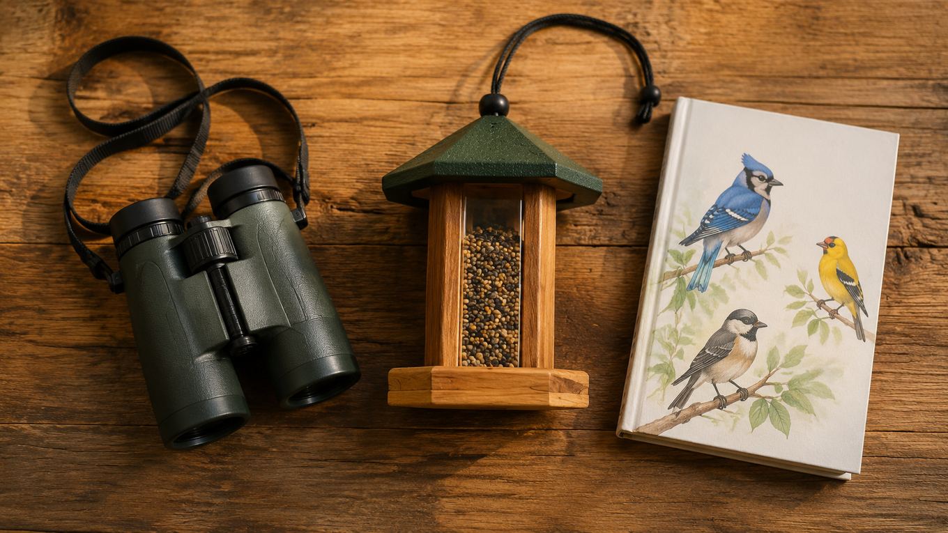Bird-watching gifts arranged together — binoculars, a feeder, and a field guide