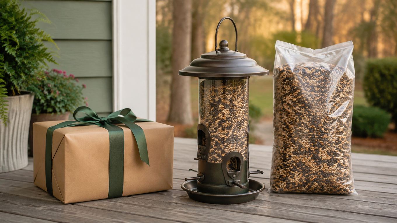 A wrapped gift box next to a bird feeder and a bag of birdseed