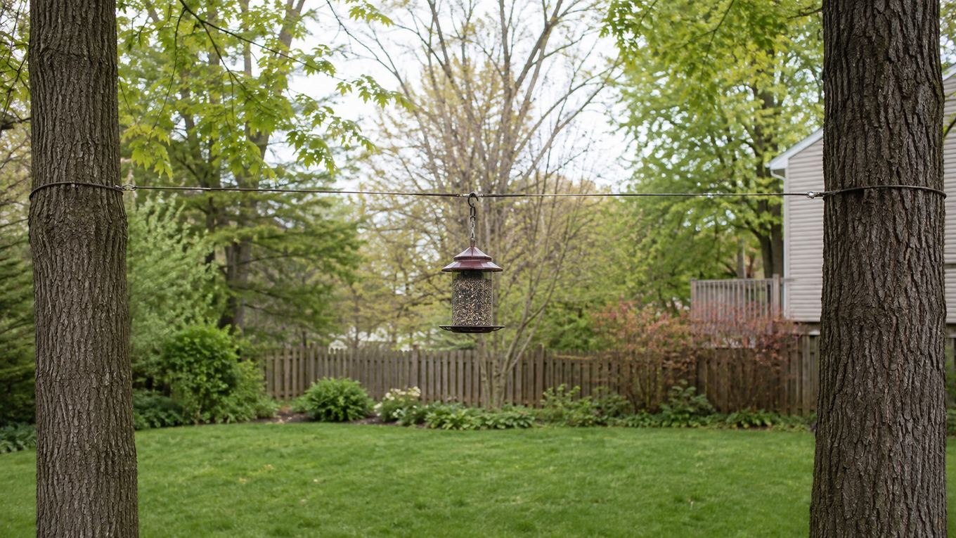 A bird feeder hanging from a taut wire strung between two trees