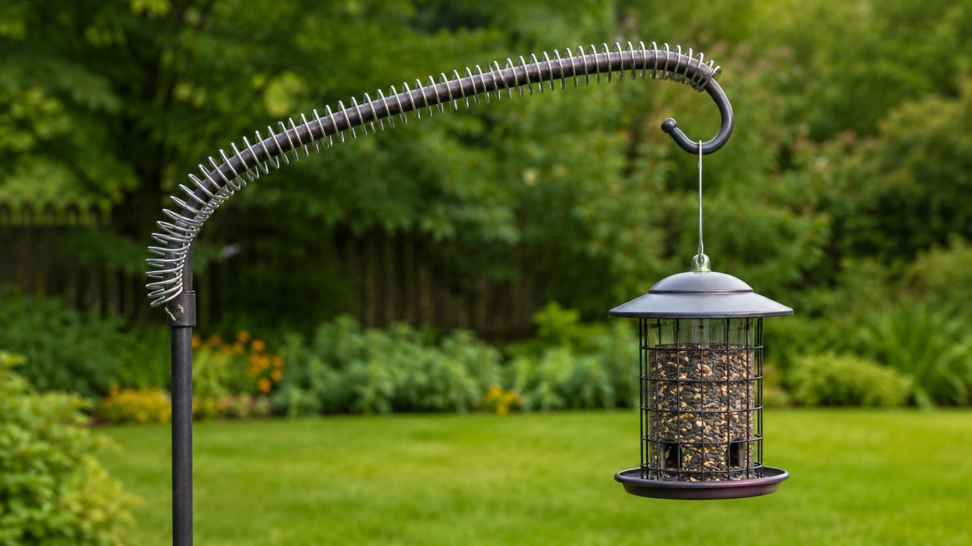A metal slinky stretched over a shepherd's hook pole above a hanging bird feeder
