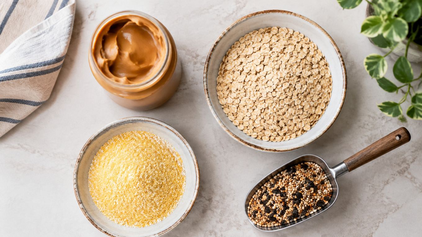Ingredients for homemade suet cake laid out on a kitchen counter — peanut butter, oats, cornmeal, and birdseed