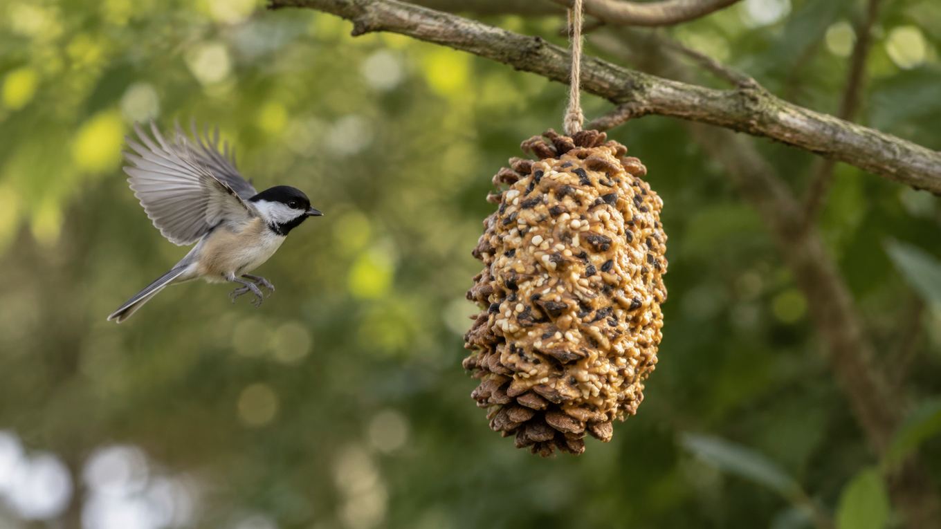 A pinecone coated in peanut butter and birdseed hanging from a tree branch