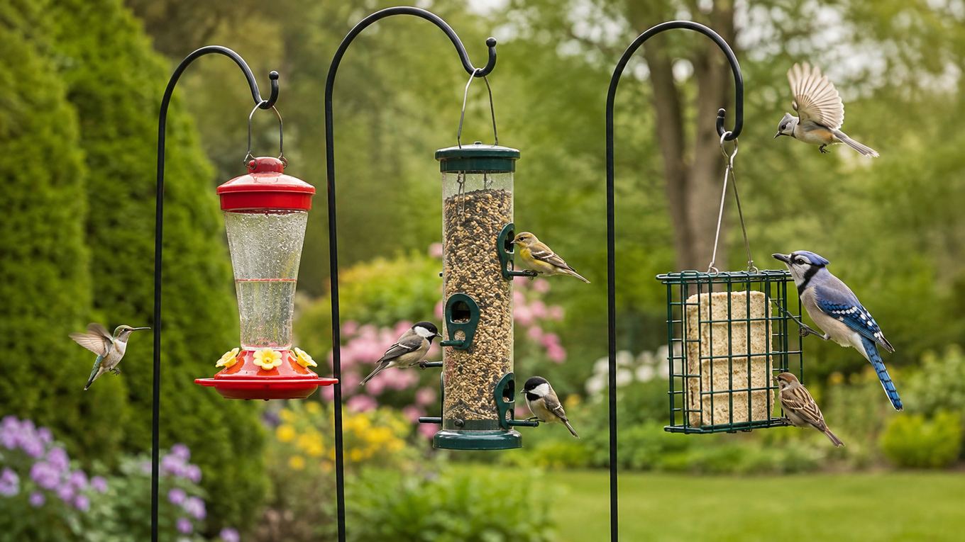 A backyard feeding station with three different bird feeders grouped together