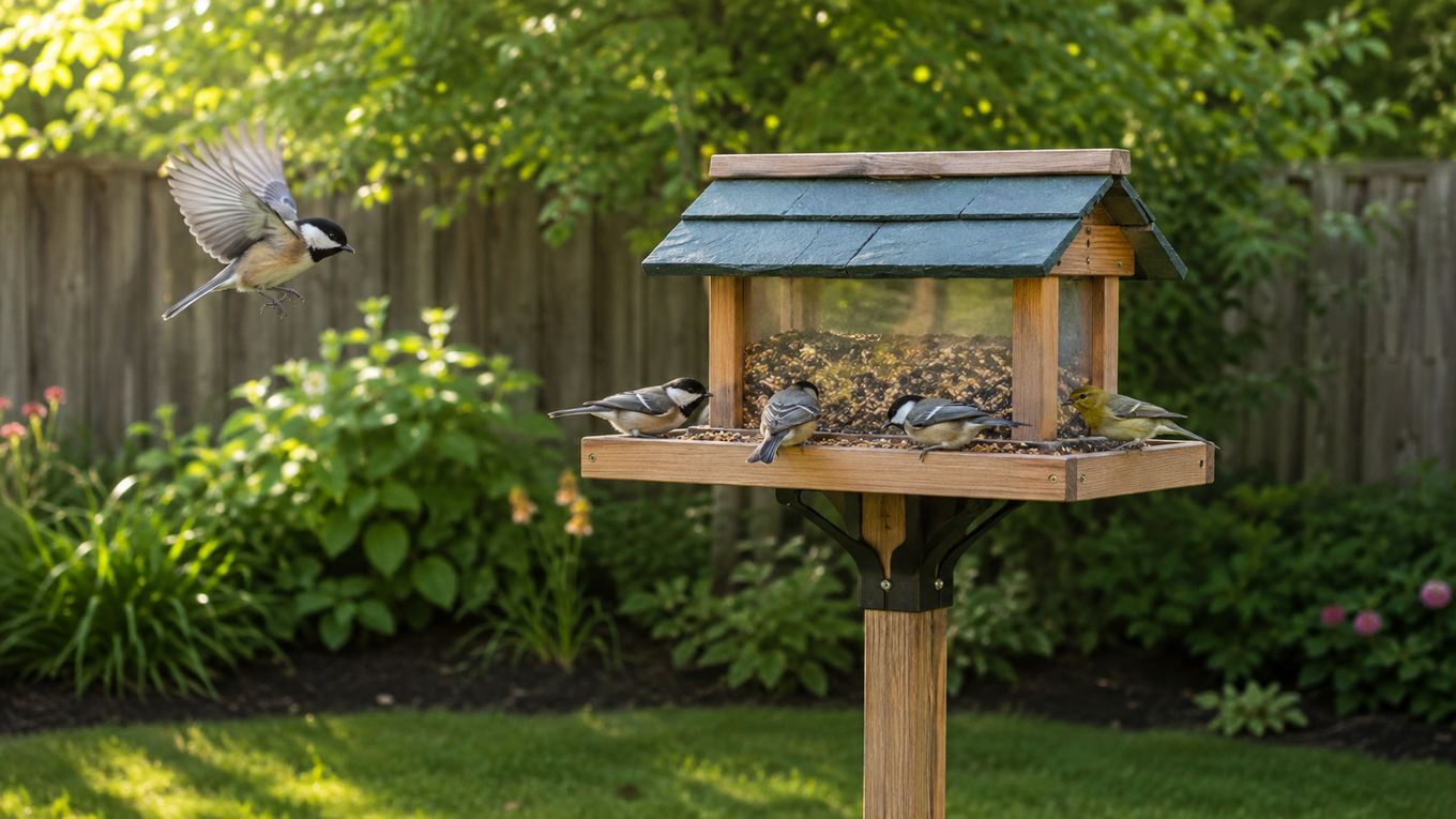 A single well-placed bird feeder in a small backyard with birds actively feeding