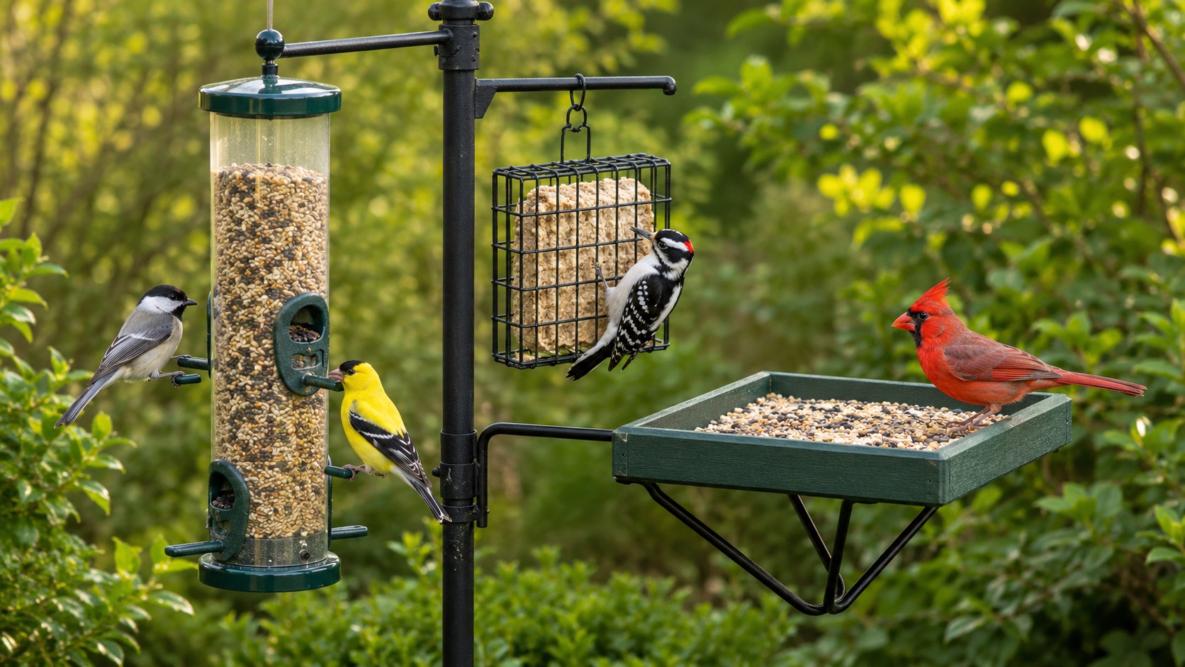 A busy backyard feeding station with multiple feeders and several bird species including a chickadee, goldfinch, and woodpecker