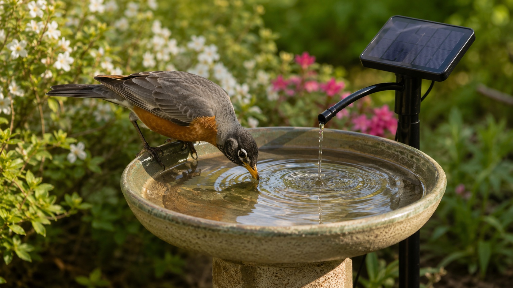 An American Robin drinking from a shallow birdbath with a solar dripper in a green backyard garden
