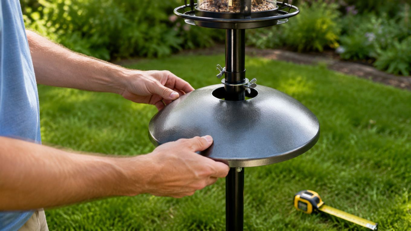 Hands mounting a dome squirrel baffle onto a bird feeder pole