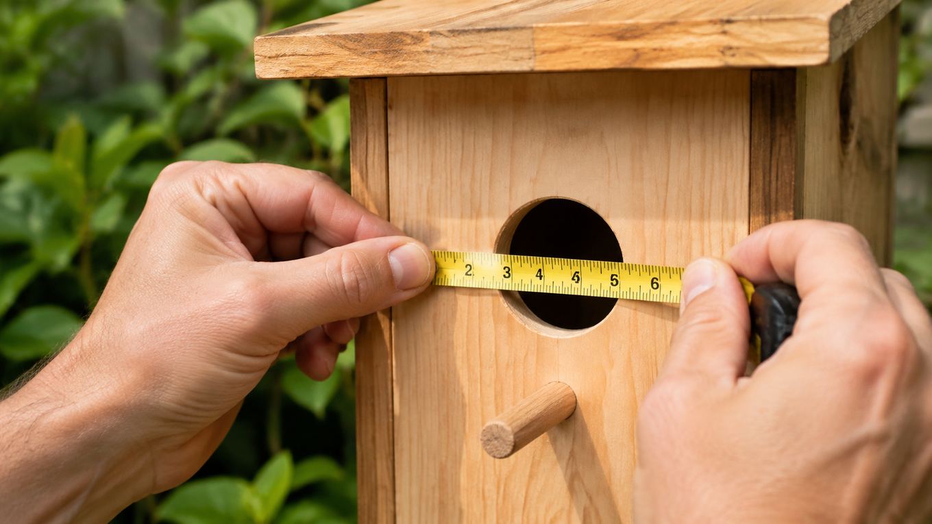 A person measuring the entrance hole diameter on a wooden nest box with a tape measure