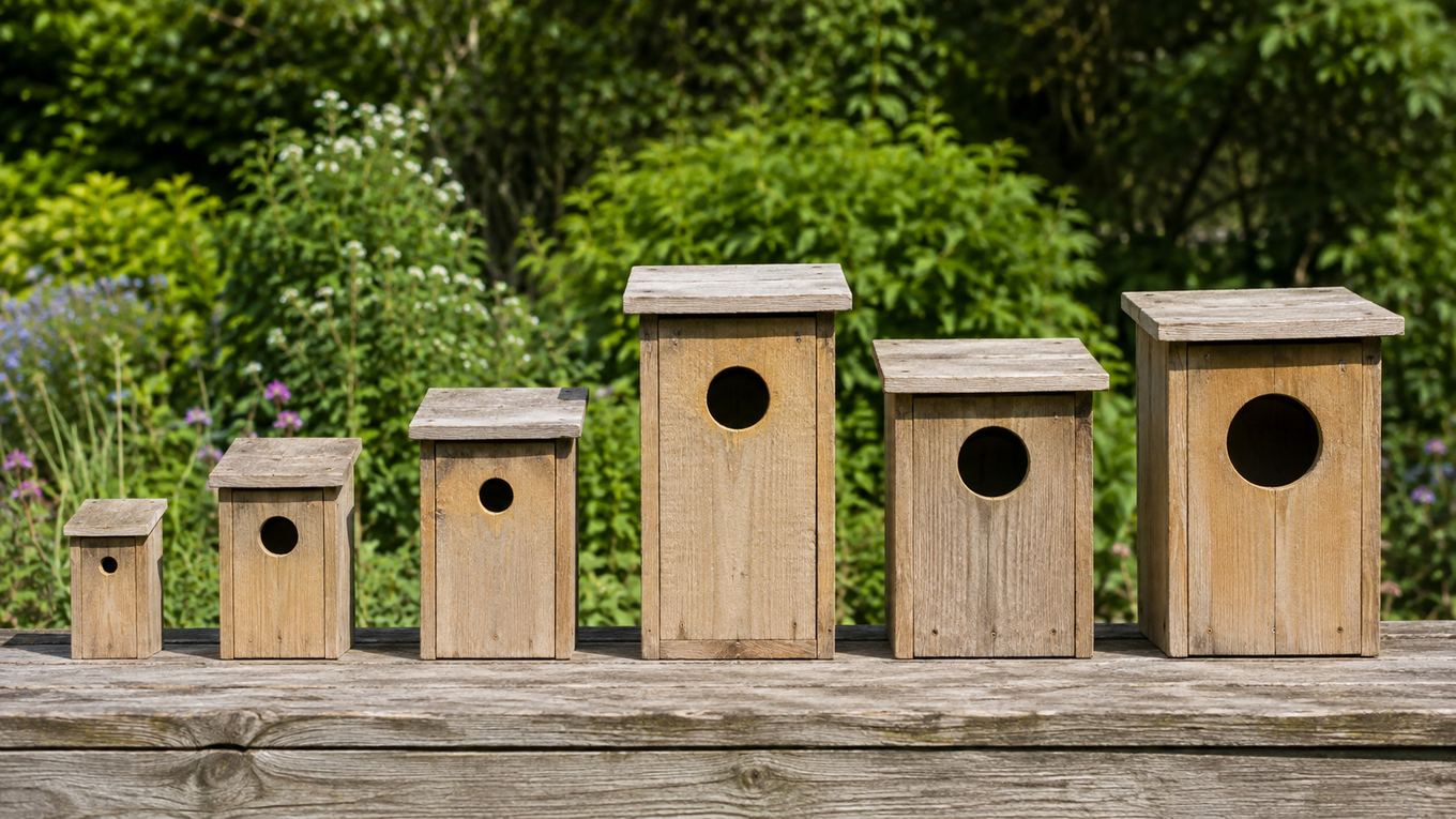 A row of different-sized wooden nest boxes with different entrance hole diameters