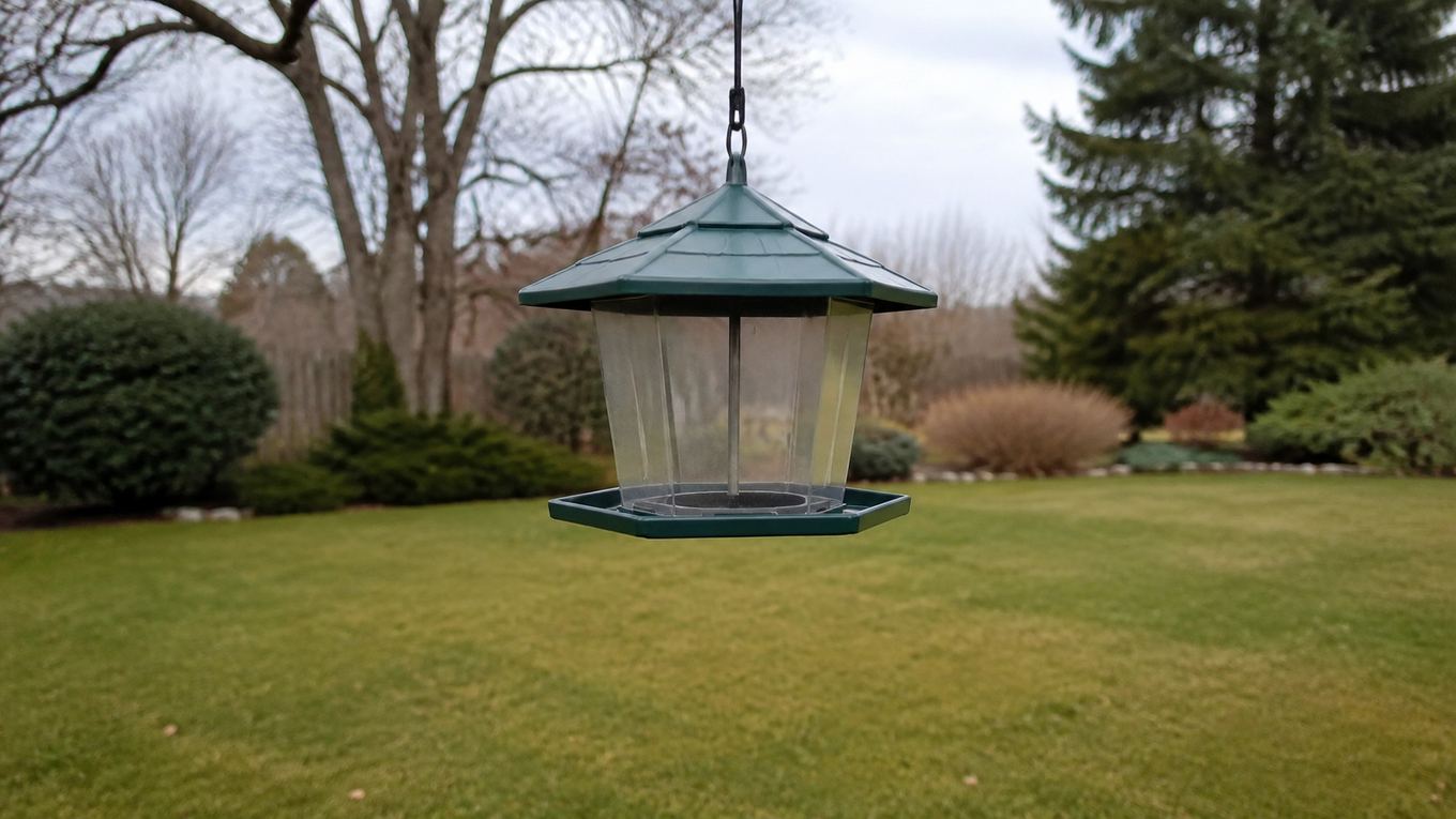 An empty bird feeder hanging in a backyard with no birds visible