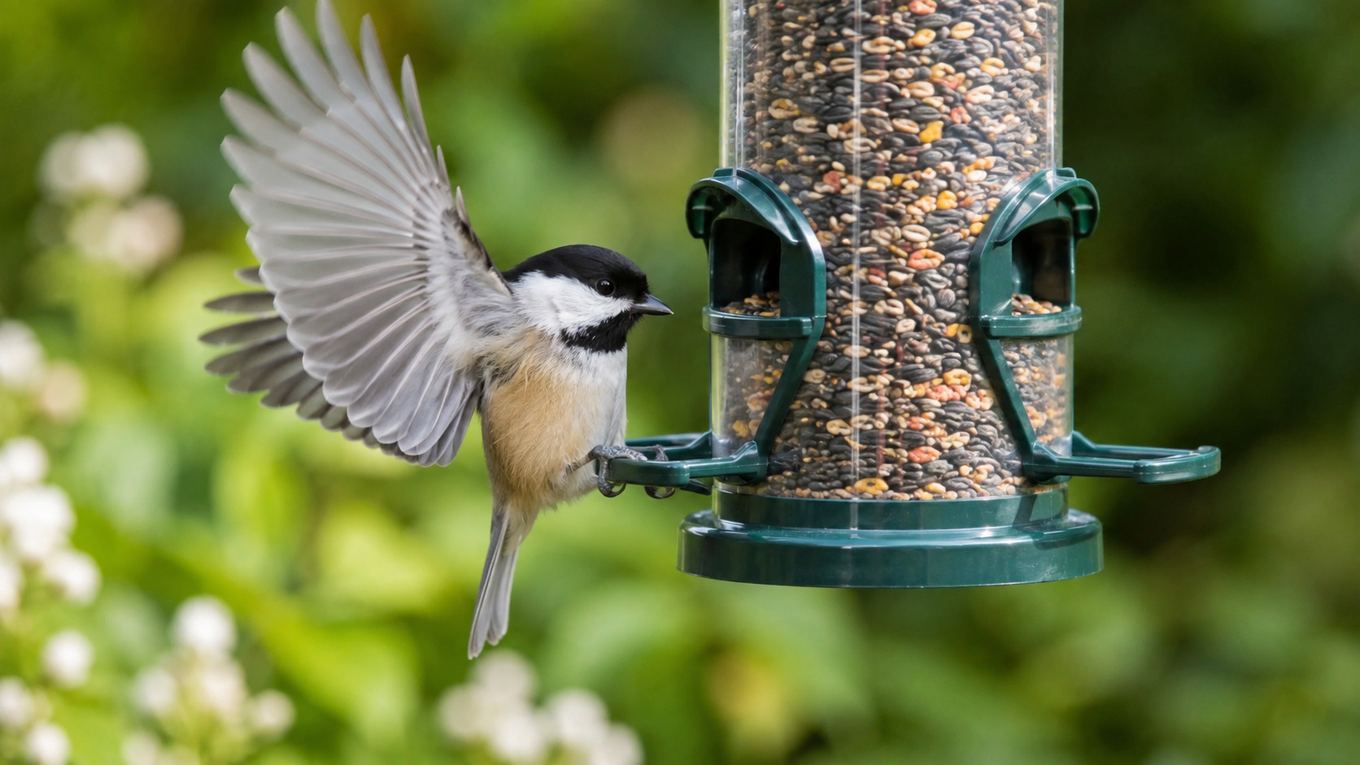 A chickadee finally visiting a freshly cleaned and refilled bird feeder