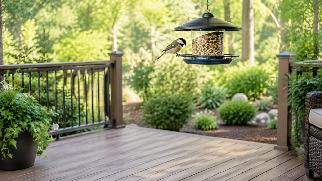A clean patio area beneath a bird feeder with no husk mess visible
