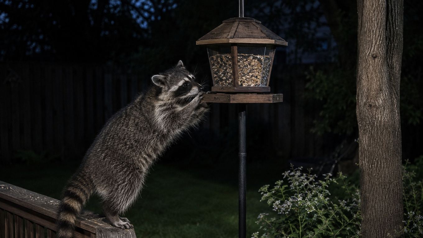 A raccoon at a bird feeder at night, lit by a motion-activated light