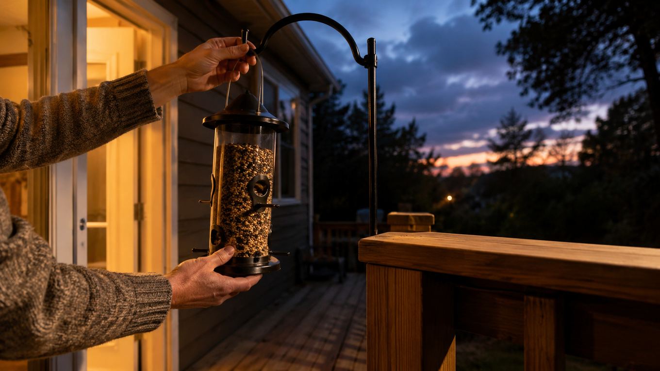 Hands bringing a hanging bird feeder indoors from a deck hook in the evening