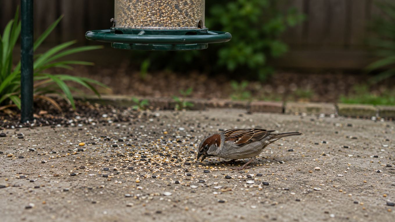 Waste seed and husks scattered on the ground beneath a bird feeder