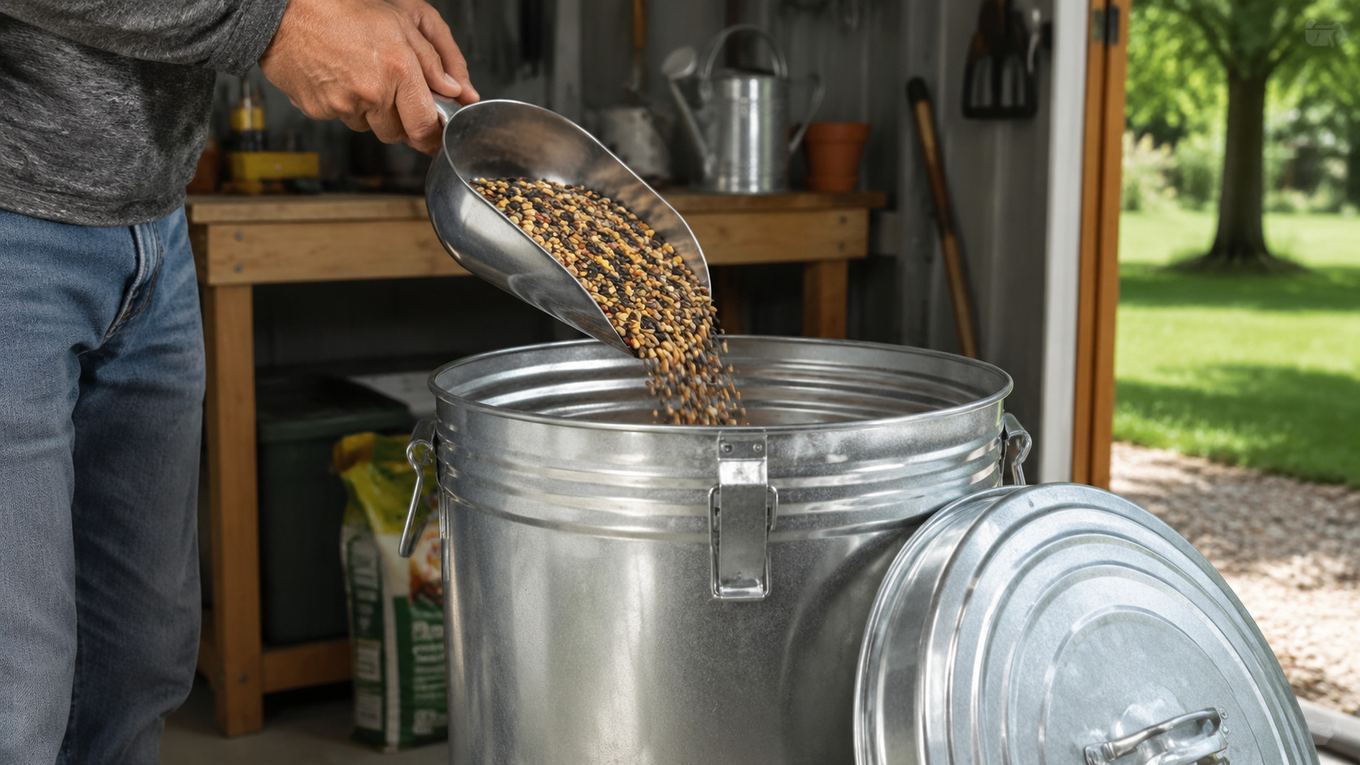 Birdseed stored in a sealed galvanized metal storage bin