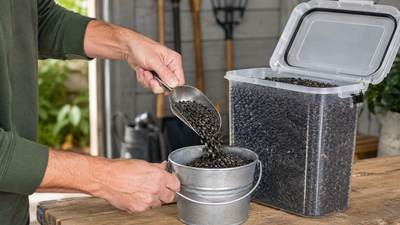 A person scooping fresh birdseed from an airtight storage container into a bucket