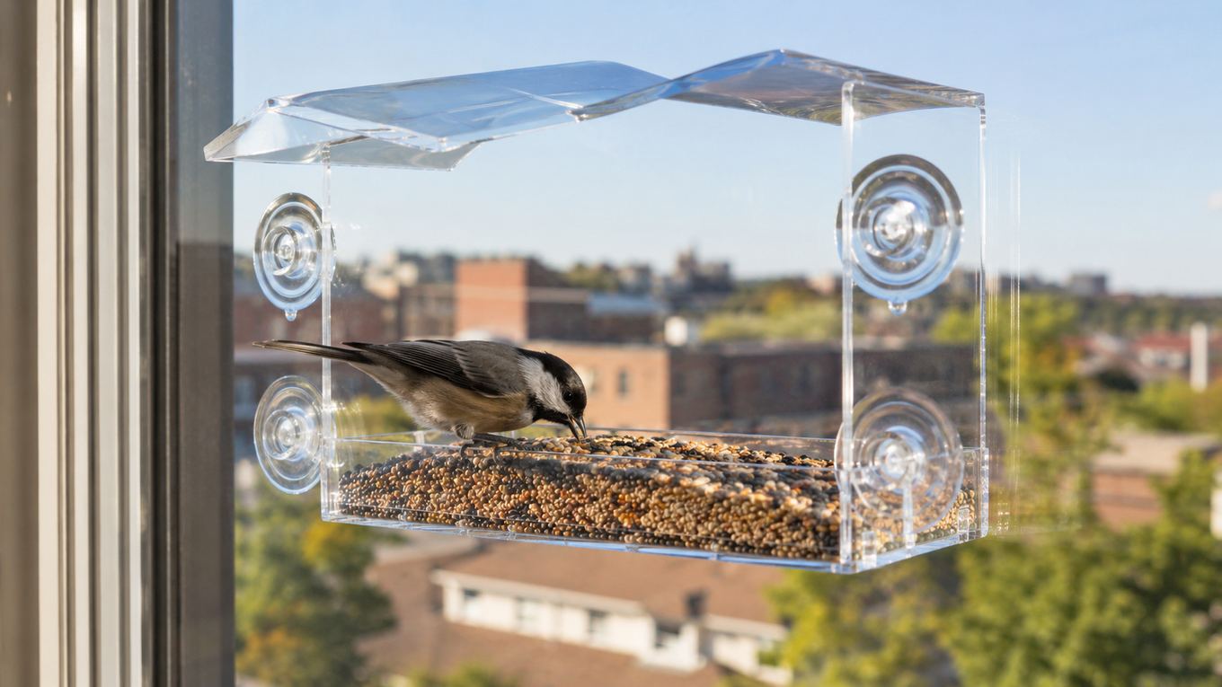 A small window bird feeder with a suction cup mount and a bird perched inside