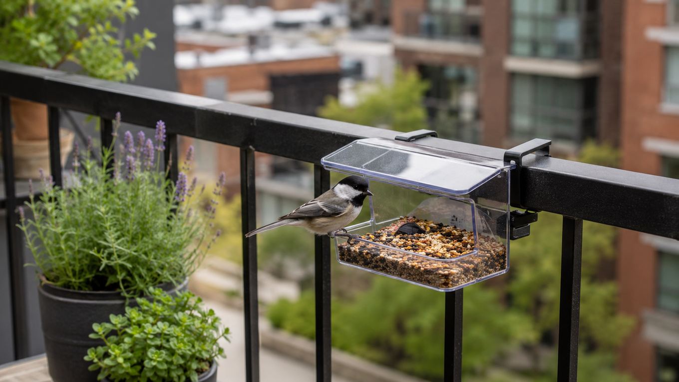 A railing-mounted bird feeder on an apartment balcony