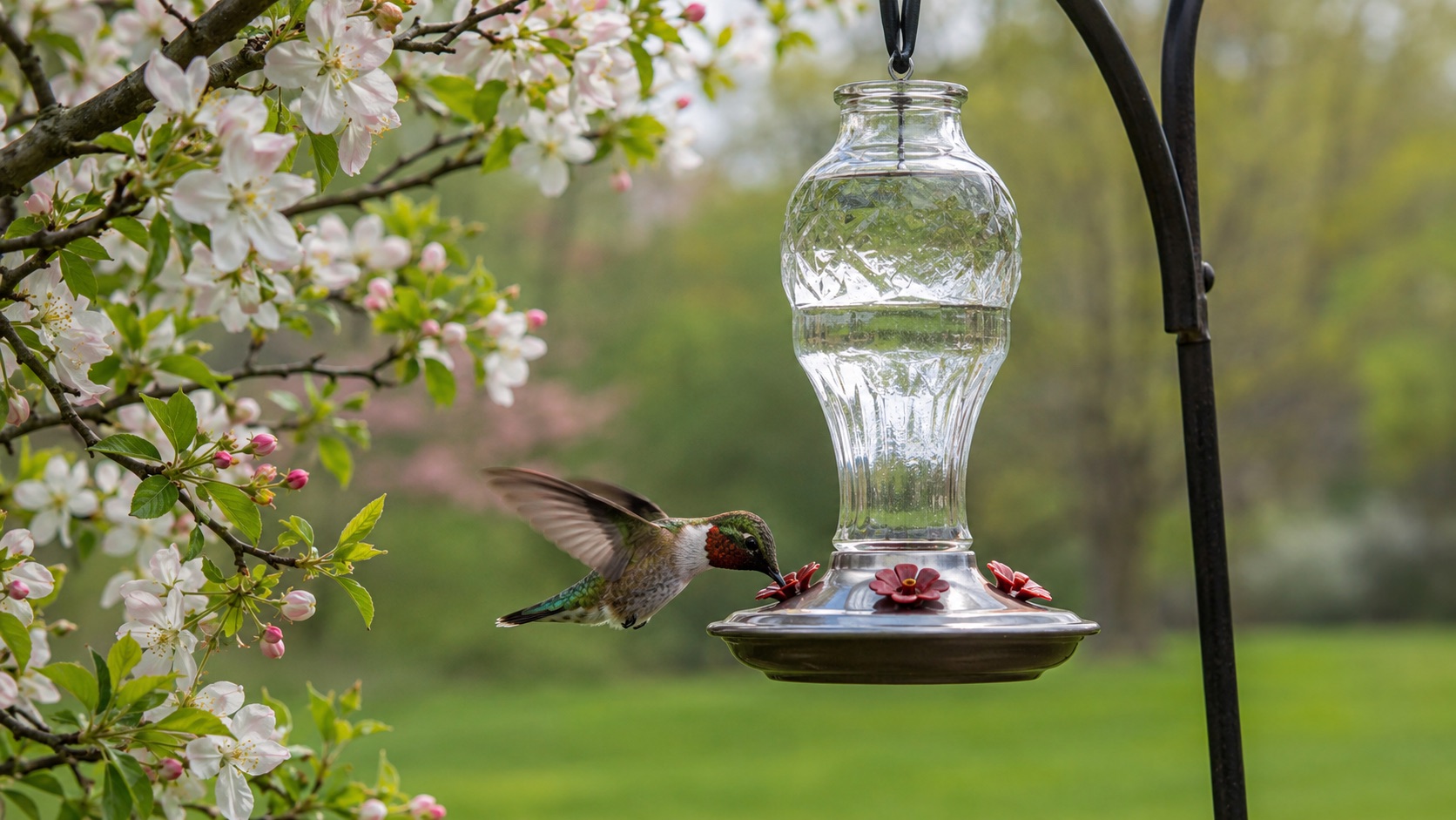 A Ruby-throated Hummingbird hovering at a glass feeder surrounded by spring blossoms